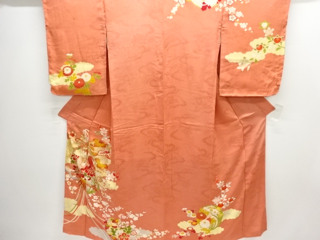アンティーク　紋錦紗　花薬玉に鶴模様刺繍着物